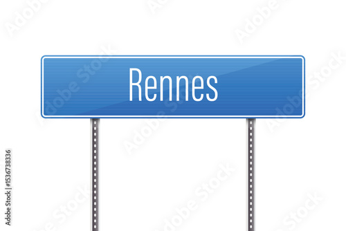 A minimalist image of a blue road sign displaying the word Rennes in white letters. The sign is mounted on two gray posts, set against a clean, white backdrop.