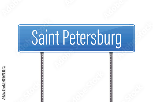 A blue road sign indicating the direction of Saint Petersburg with white lettering. The sign is mounted on a gray metal pole set against a clean white backdrop.
