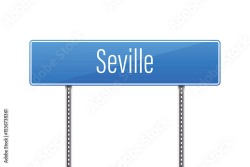 A blue street sign with the text Seville in sans serif font. The sign is mounted on a silver metal pole. The background is white, giving it a clean, minimal look.