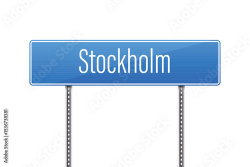 A vector image depicts a glossy, blue city limit sign that reads a popular destination on a white background, which is mounted on two gray, metal poles.