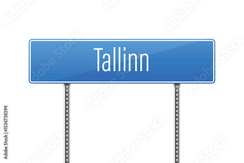 This image shows a blue road sign indicating directions to Tallinn. The sign is supported by two metal poles and features white lettering against a blue background. Simple and informative.