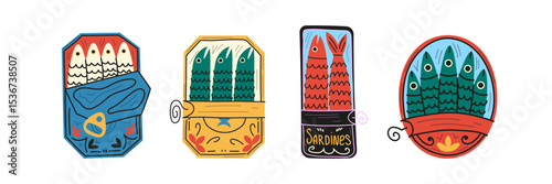 Cartoon Sardines Cans Set. Funny Doodle Fish Packaging Stickers Collection. Colorful Seafood Tin Labels. Doodle Sardine Cans Vector Set. Hand Drawn Colorful Fish Funny Sardine Tin Cans. Tuna, salmon, 