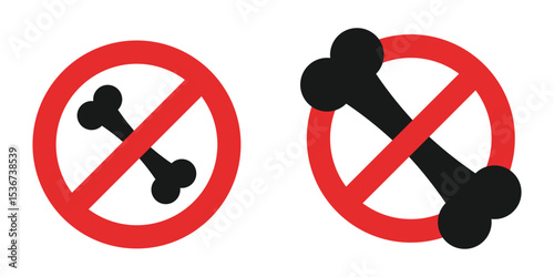 Illustrative rendering of two no-bone sign icons. A red circle with a diagonal line over a bone. Represents a place where bones are prohibited or not allowed.