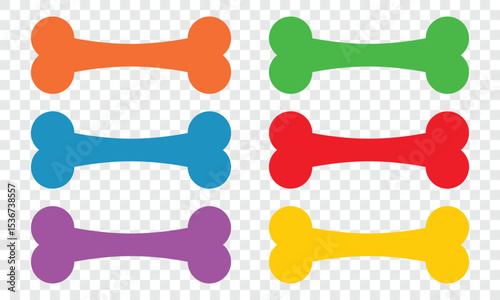 A vibrant arrangement of bone-shaped figures are set against a transparent backdrop. Each figure is colored differently, adding a playful and engaging element to the design.