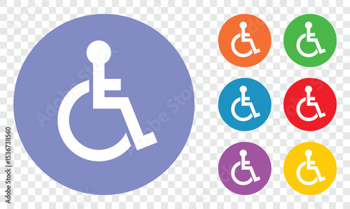 A vibrant set of circular accessibility symbols, each featuring a person in a wheelchair. The symbols come in diverse colors indicating inclusion and support.