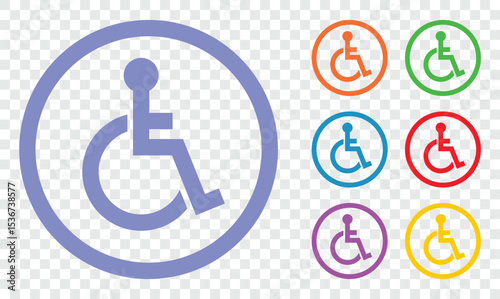 The image shows several disability access symbols, each depicting a person in a wheelchair inside a circle. These symbols are displayed in various colors.