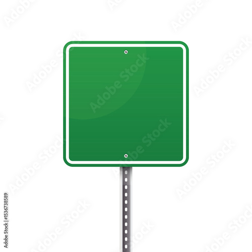 A vibrant green, blank sign with white trim stands ready for customization on a speckled metal pole. The clean design offers a template for directions or information.