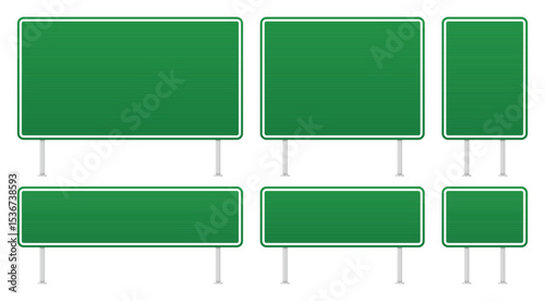 A set of green traffic signs with white borders and metal poles, displayed against a white background. The signs are in horizontal and vertical orientation.