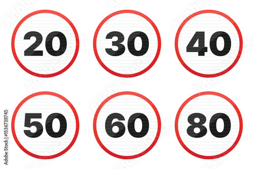 This image features six circular road signs, each displaying a different speed limit from 20 to 80, suggesting various speed regulations for road safety and control.