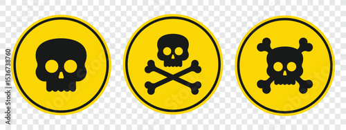 The image features three yellow warning signs. Each sign shows a different skull and crossbones symbol, alerting to potential danger in the surrounding environment.