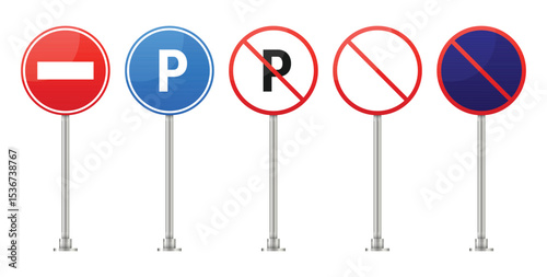 A collection of five distinct road signs stand against a white backdrop, communicating traffic regulations and parking restrictions, each mounted on a silver metal pole.