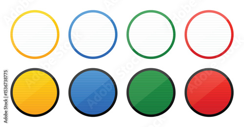 A collection of eight circles is arranged against a white background. Each circle features a distinct color, alternating between solid and striped patterns.