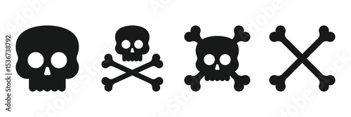 A collection of four stylized skull and crossbones icons presented in silhouette against a plain white background. Varied designs, from simplified to intricate.