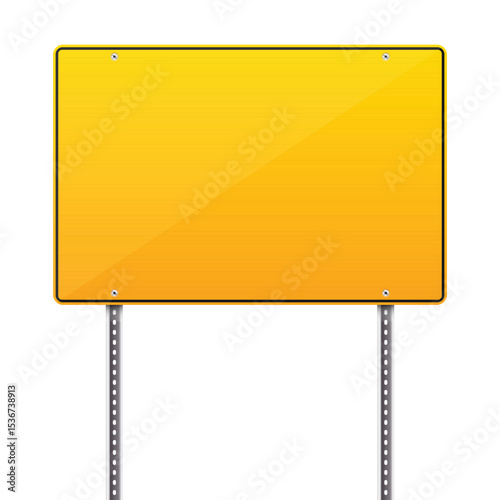 A blank yellow sign with a black border, mounted on two gray metal posts, perfect for customization. The sign is clean, reflecting light and ready for text.