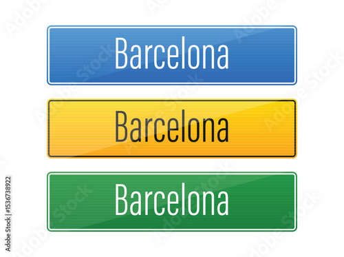 Three colorful signs against a white background. Each sign reads "Barcelona". The signs are colored blue, yellow, and green, indicating directions to this city.