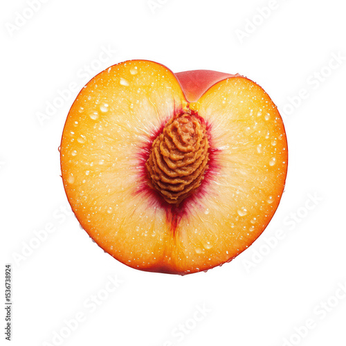 Juicy peach halved showing seed and water droplets