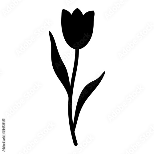 Striking black silhouette of a single tulip flower with leaves gracefully portrayed