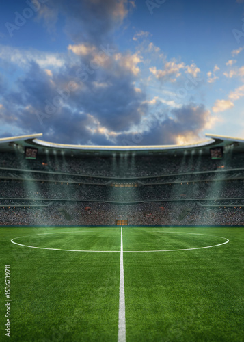 green field in soccer stadium. ready for game in the midfield. Poster with copy space.