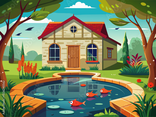 vector of A pond in the yard of the old house, where small red fishes are swimming in the pond, a beautiful sight.