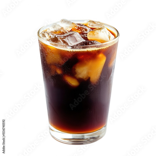 Refreshing iced coffee in a glass with ice cubes