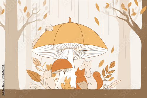 Cute woodland animals sheltering under mushroom in autumn forest - whimsical hand-drawn illustration perfect for children's books, nursery decor, and cozy branding
