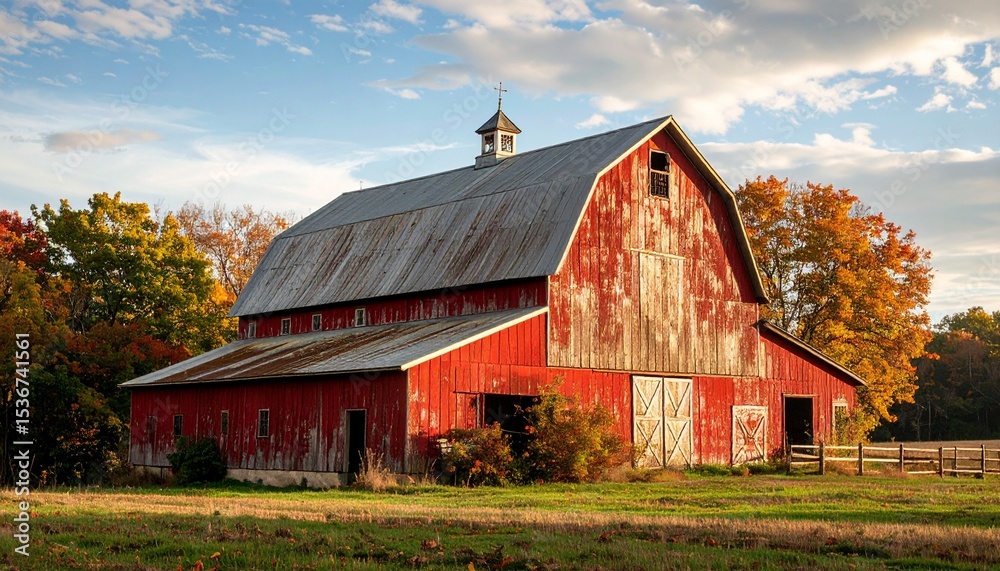 Picturesque red barn with steep roof framed in vintage style and weathered hues Picturesque red barn with steep roof framed in vintage style and weathered hues