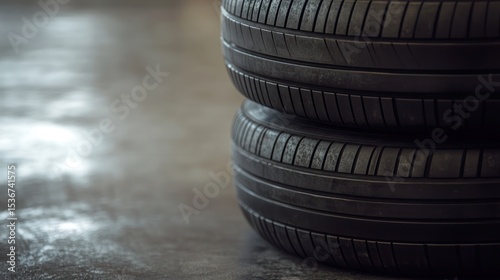 Two used tires stacked on a concrete floor.