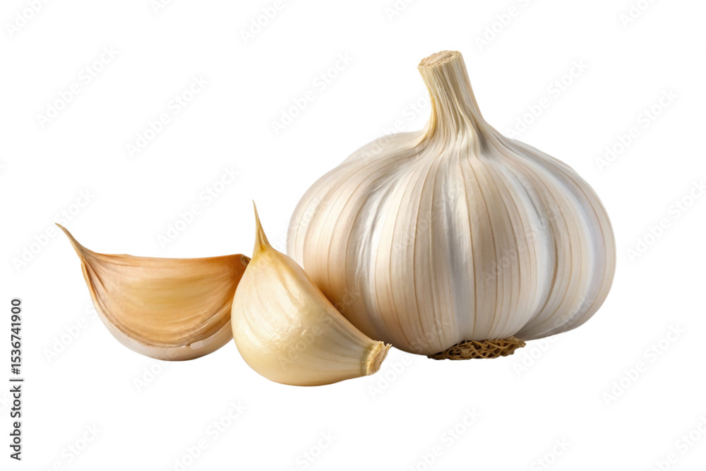 Obraz premium Fresh Garlic Bulbs and Cloves Close-Up Aromatic Culinary Ingredient isolate on transparent background