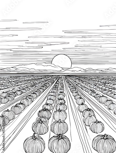 Hand-drawn pumpkin patch field with sunrise landscape in vintage line art style. Perfect for autumn harvest, farm-to-table, agricultural and seasonal marketing designs