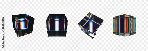 Vector set of 3D cubes with dispersion effect png. Glass cube from different sides png. Dispersion effect.