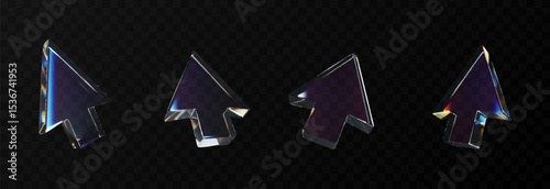 Vector set of 3D arrows with dispersion effect png. Glass arrow or cursor from different sides png. Dispersion effect.