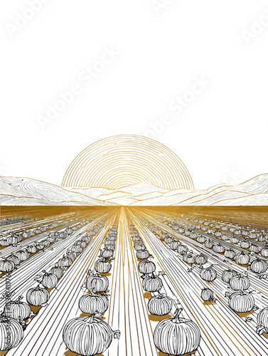 Hand-drawn pumpkin patch field with sunrise landscape in vintage line art style. Perfect for autumn harvest, farm-to-table, agricultural and seasonal marketing designs