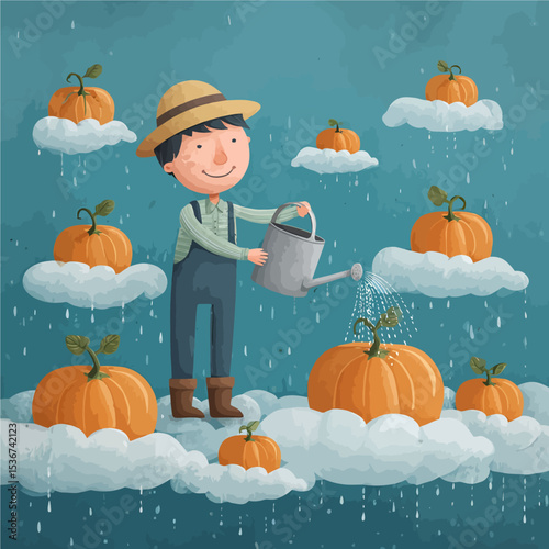 Whimsical farmer watering floating pumpkins in dreamy cloud garden - perfect for autumn marketing, seasonal campaigns, and harvest festival promotions