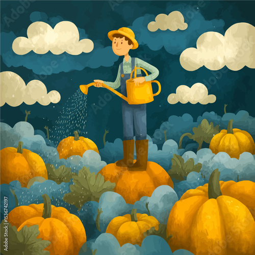 Whimsical farmer watering floating pumpkins in dreamy cloud garden - perfect for autumn marketing, seasonal campaigns, and harvest festival promotions