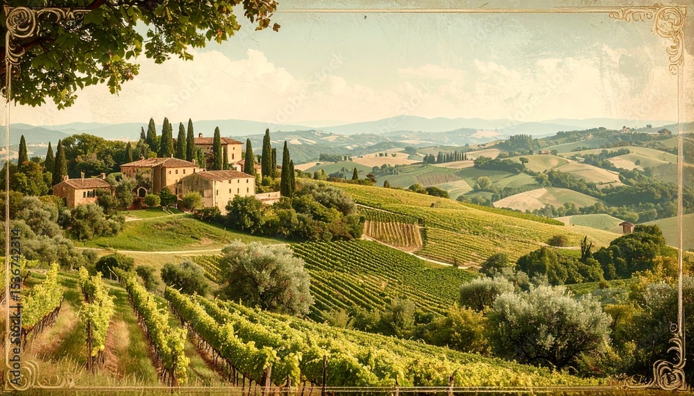 Naklejka premium Picturesque vineyard with a stunning view of a house in vintage poster style artwork