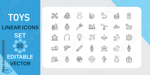 Thirty five linear icons depicting various childrens toys, including vehicles, animals, games, and play structures. Editable vector format.