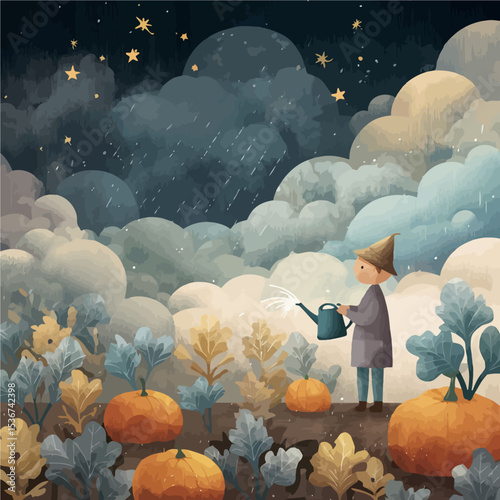 Enchanting autumn night scene with child watering pumpkin garden under starry sky - perfect for Halloween, fall marketing, and whimsical seasonal content