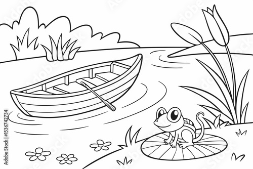 simple coloring page for toddlers of a calm lake scene, a small wooden rowboat is floating near the shore, a friendly frog sits on a large lily pad, simple cattails in the background, very thick lines