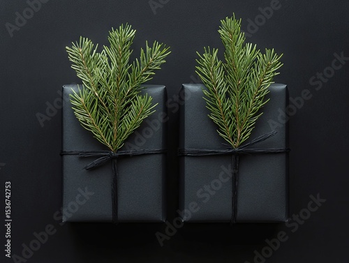 black gift box with decor, gift box with pine tree branches