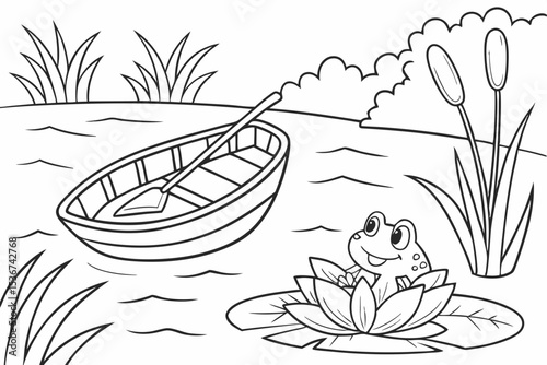 simple coloring page for toddlers of a calm lake scene, a small wooden rowboat is floating near the shore, a friendly frog sits on a large lily pad, simple cattails in the background, very thick lines