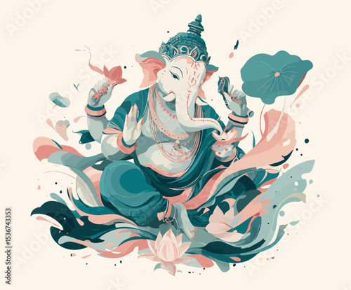 Modern artistic illustration of Hindu deity Ganesha in vibrant teal and coral colors with lotus flowers, perfect for spiritual designs, cultural projects, and meditation content