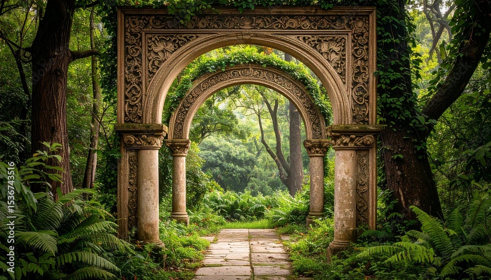 Obraz premium A beautiful garden with a stone archway surrounded by lush greenery in vintage art style