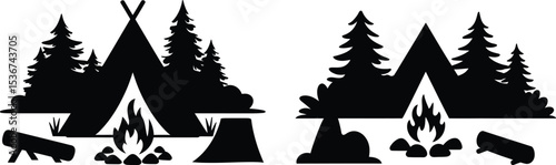 Camping Scene Silhouette with Tent Fire and Trees for Outdoor Adventure Designs