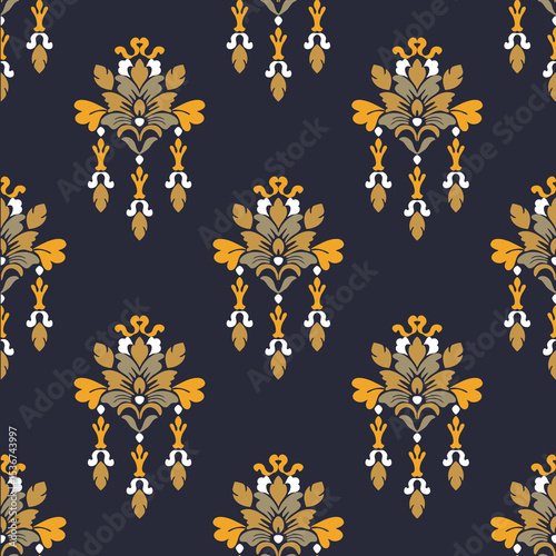 Damask seamless pattern with decorative flowers. Victorian style. Baroque style. Hand-drawn vector. Can be used for wallpaper, pattern fills, web page backgrounds, tiles, and surface textures.