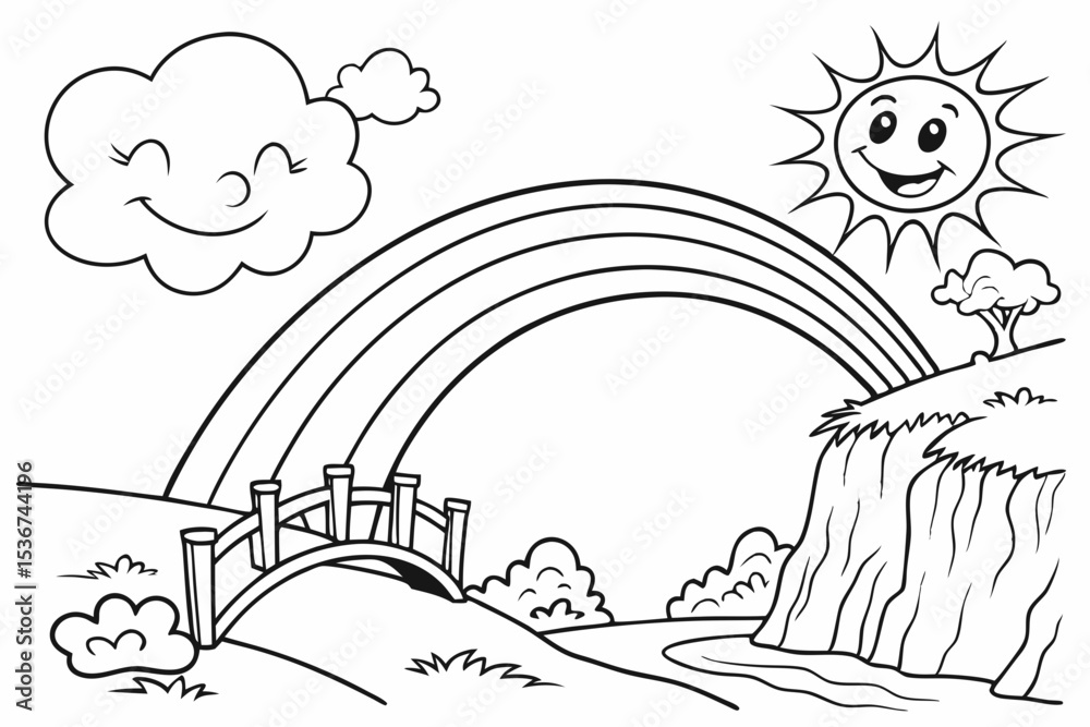 simple coloring page of a wide, vibrant rainbow forming a bridge over a simple canyon, with happy, puffy clouds at each end, a small, cheerful sun watches from above, thick lines for toddlers, cartoon