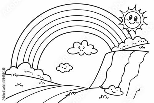 simple coloring page of a wide, vibrant rainbow forming a bridge over a simple canyon, with happy, puffy clouds at each end, a small, cheerful sun watches from above, thick lines for toddlers, cartoon