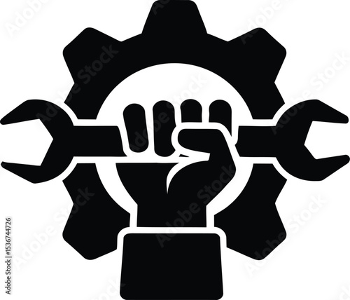 Hand Holding Wrench with Gear Silhouette Symbolizing Repair Maintenance and Technical Support