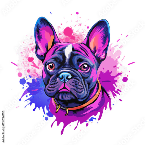 Colorful portrait of a French Bulldog with vibrant watercolor splash background, showcasing its unique features and charm