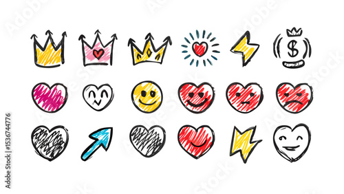 Colorful doodles of hearts, crowns, and emojis representing emotions and symbols of love, trust, and positivity