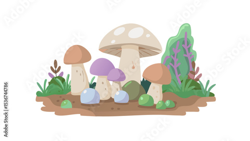 Colorful mushrooms thriving in a lush garden with diverse plants during daylight hours in a vibrant outdoor setting